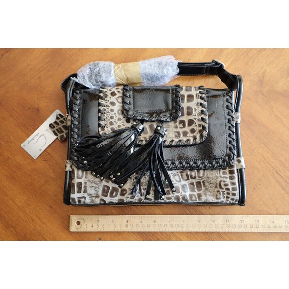 M.C. Patent Leather Blk Gray Faux Gator Print Purse Multiple Compartments Tassel - Picture 3 of 16